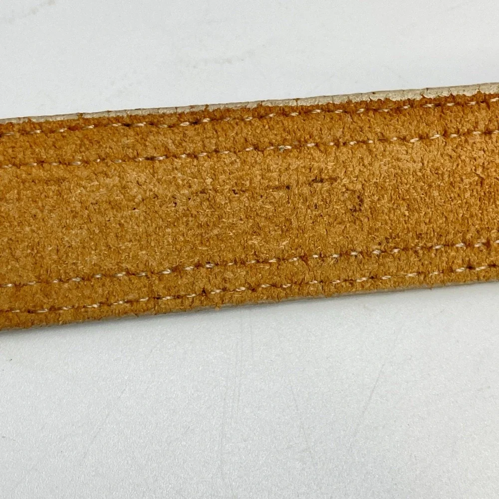 Vintage Southwest Style Belt Engraved‎ Buckle Rainbow Woven Fabric Beige Leather